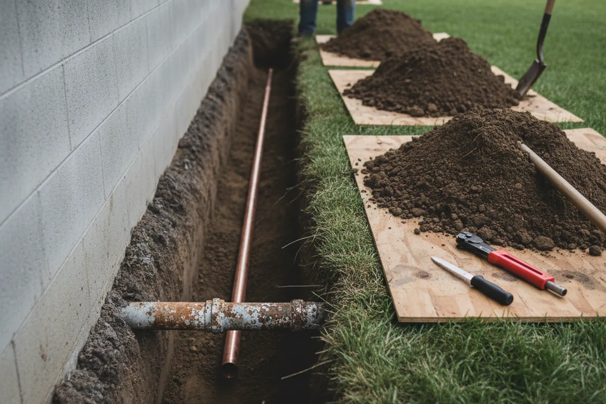 Excavated water line trench during Water Softener Installation in East Greenwich